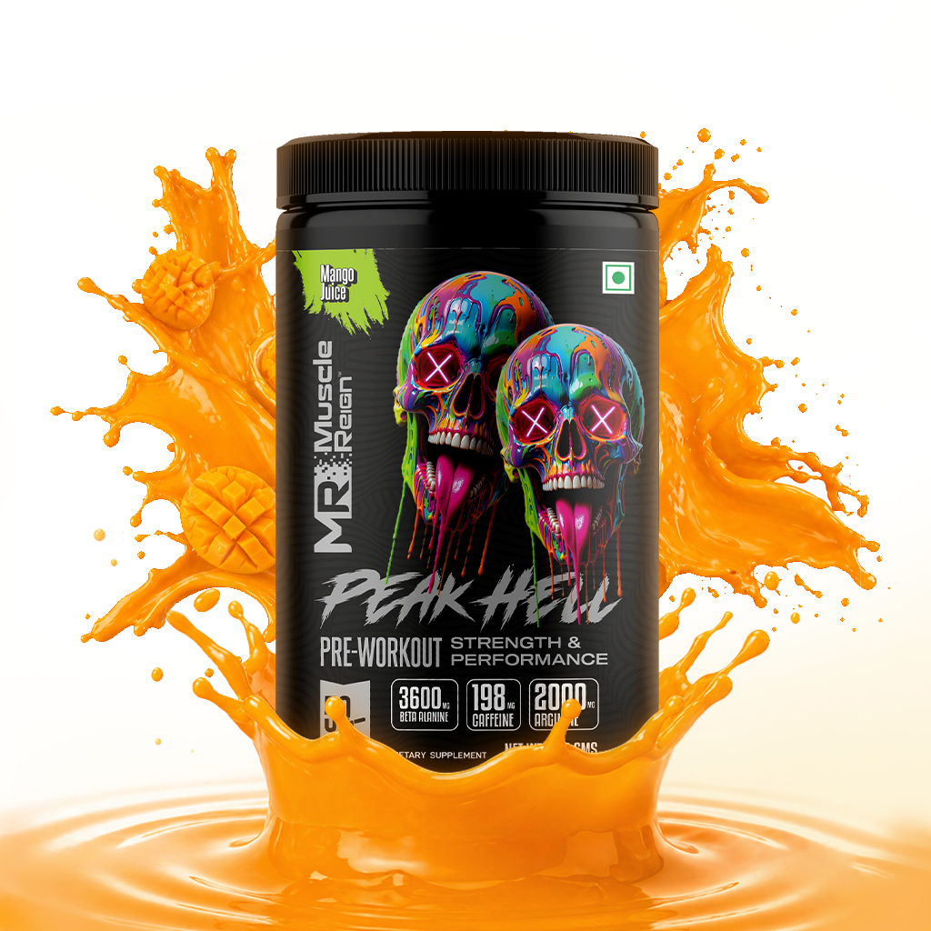 Muscle Reign Peak Hell Pre-Workout Mango Juice flavour — 450g pre-workout supplement for gym and bodybuilding India