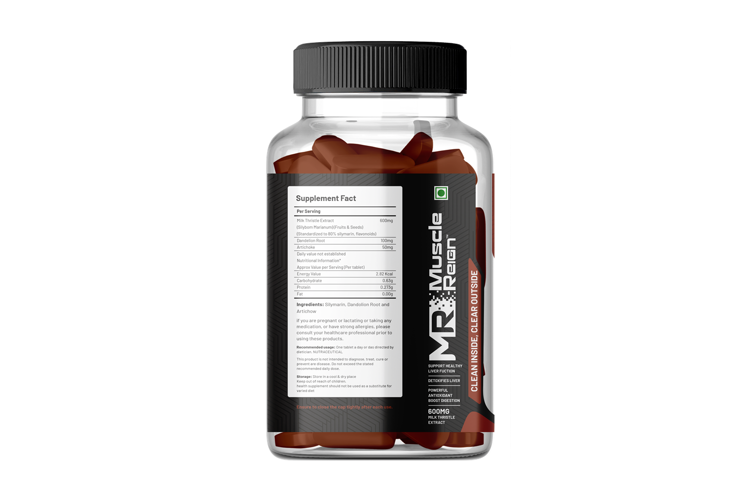 Muscle Reign best liver detox tablets in a transparent bottle with ingredient details on the label