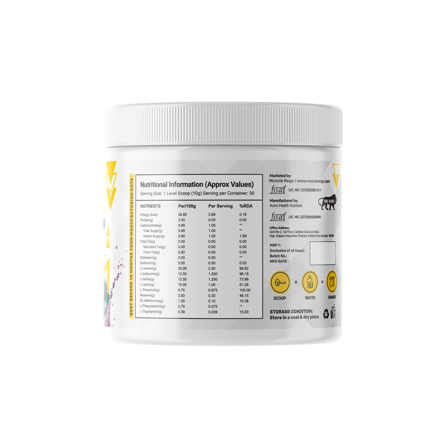 Muscle Reign pre and post workout EAA powder tub with nutritional information for fitness enthusiasts