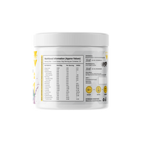 Muscle Reign pre and post workout EAA powder tub with nutritional information for fitness enthusiasts