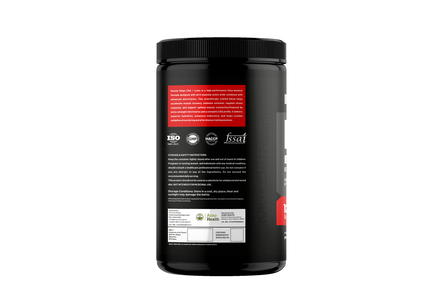 Muscle Reign best pre workout supplement for bodybuilding in sleek black container with detailed nutritional information