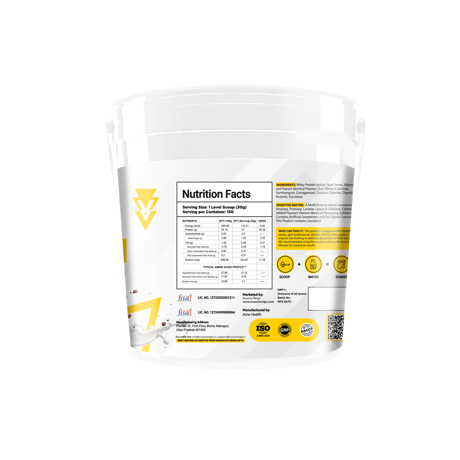 Muscle Reign best protein powder with free shaker, detailed nutrition facts on a white tub