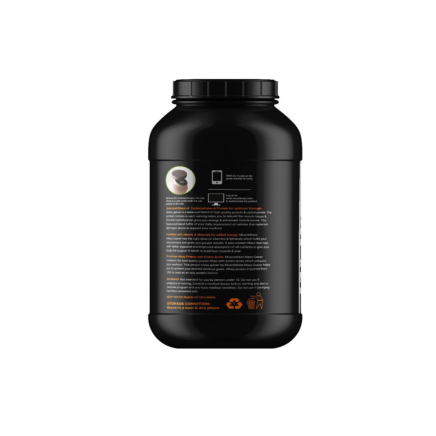 Muscle Reign Muscle weight gain powder 6 lbs container with nutritional information and usage instructions