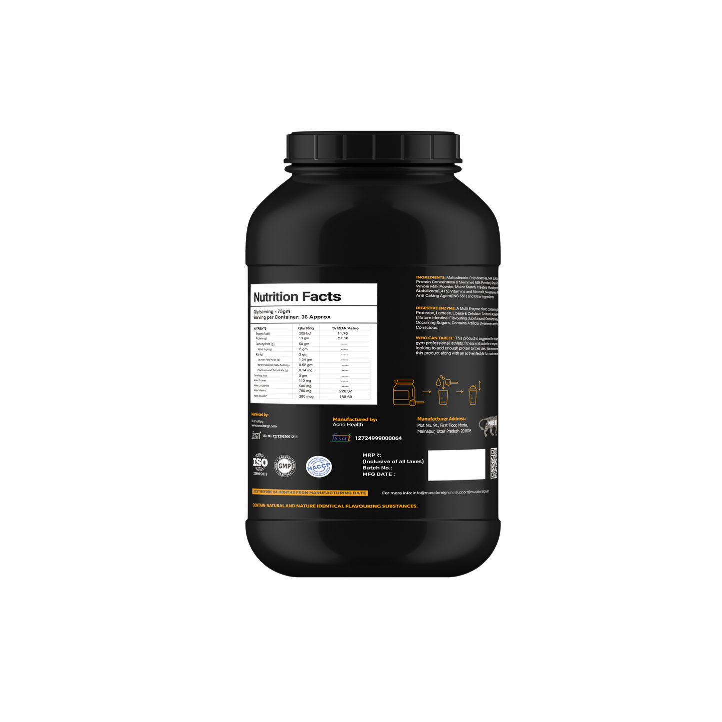 Muscle Reign Muscle weight gain powder 6 lbs container showing nutrition facts and ingredients