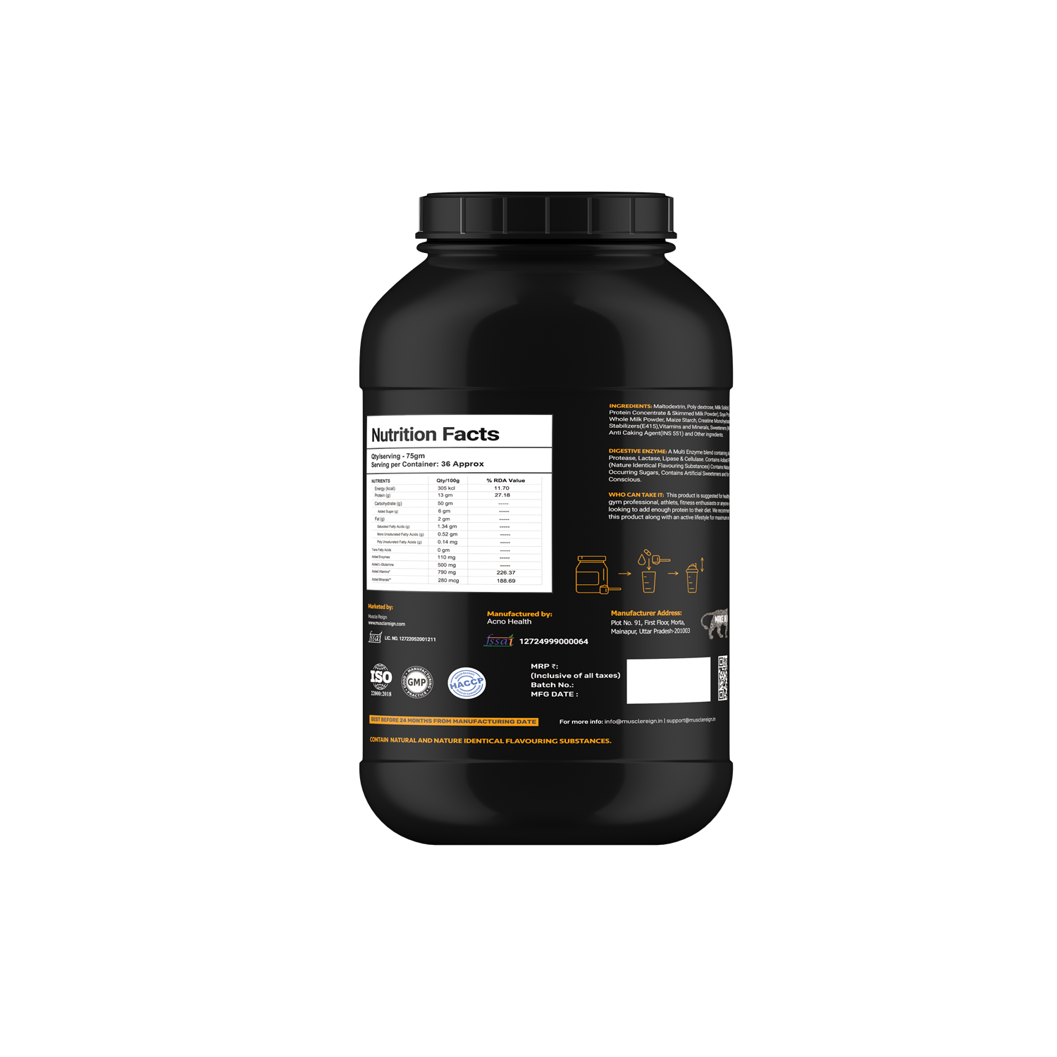 Muscle Reign Muscle weight gain powder 6 lbs container showing nutrition facts and ingredients