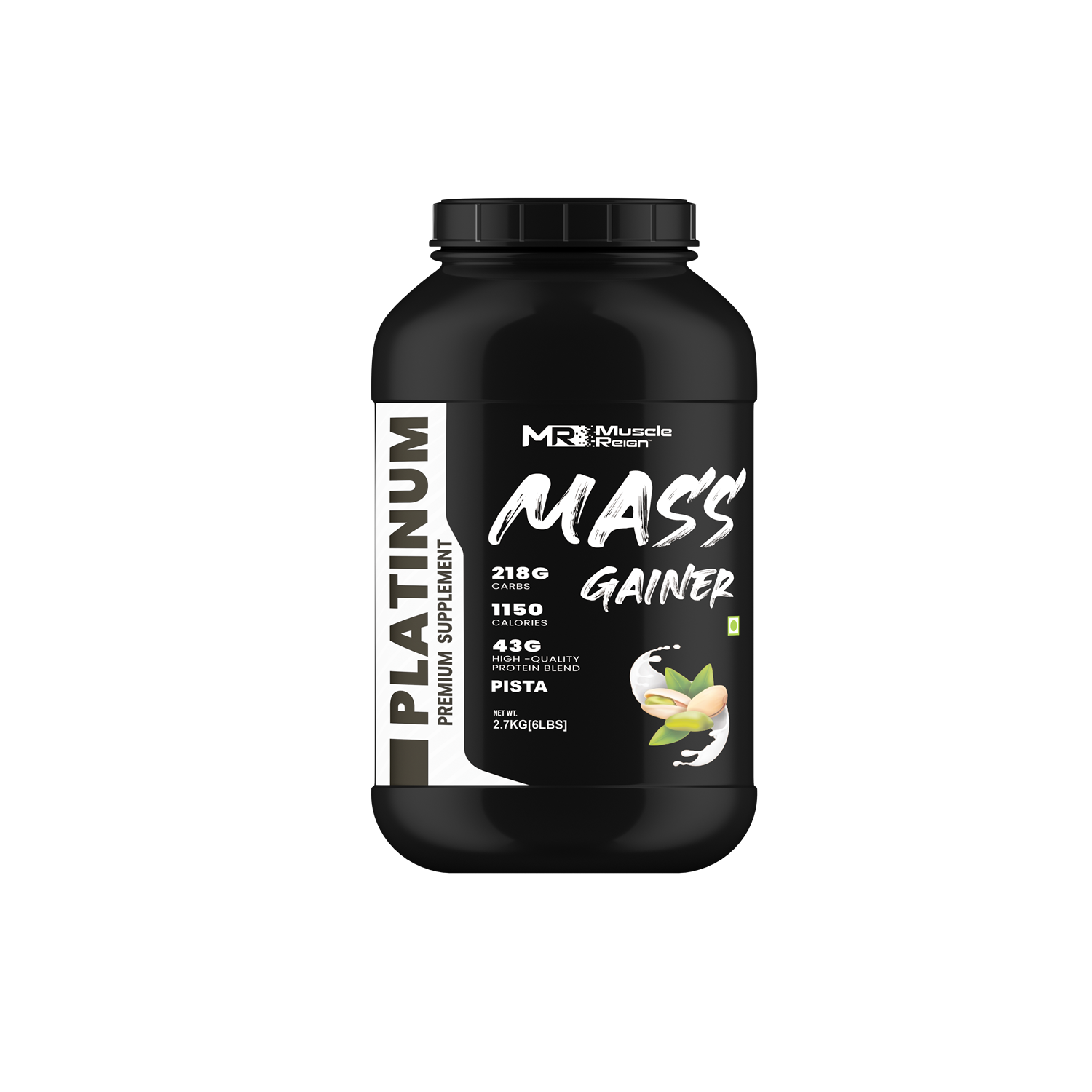 Muscle Reign Platinum Mass Gainer in a 6 lbs container with 2160 calories and 43g protein per serving