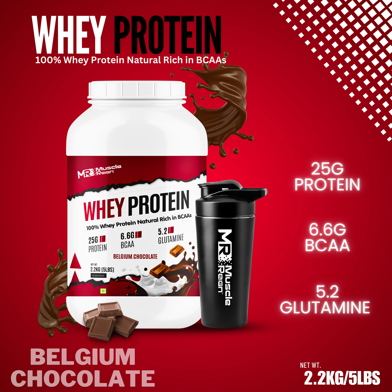 Muscle Reign Whey Protein 2.2kg for muscle gain in Belgium chocolate flavor with BCAAs and glutamine