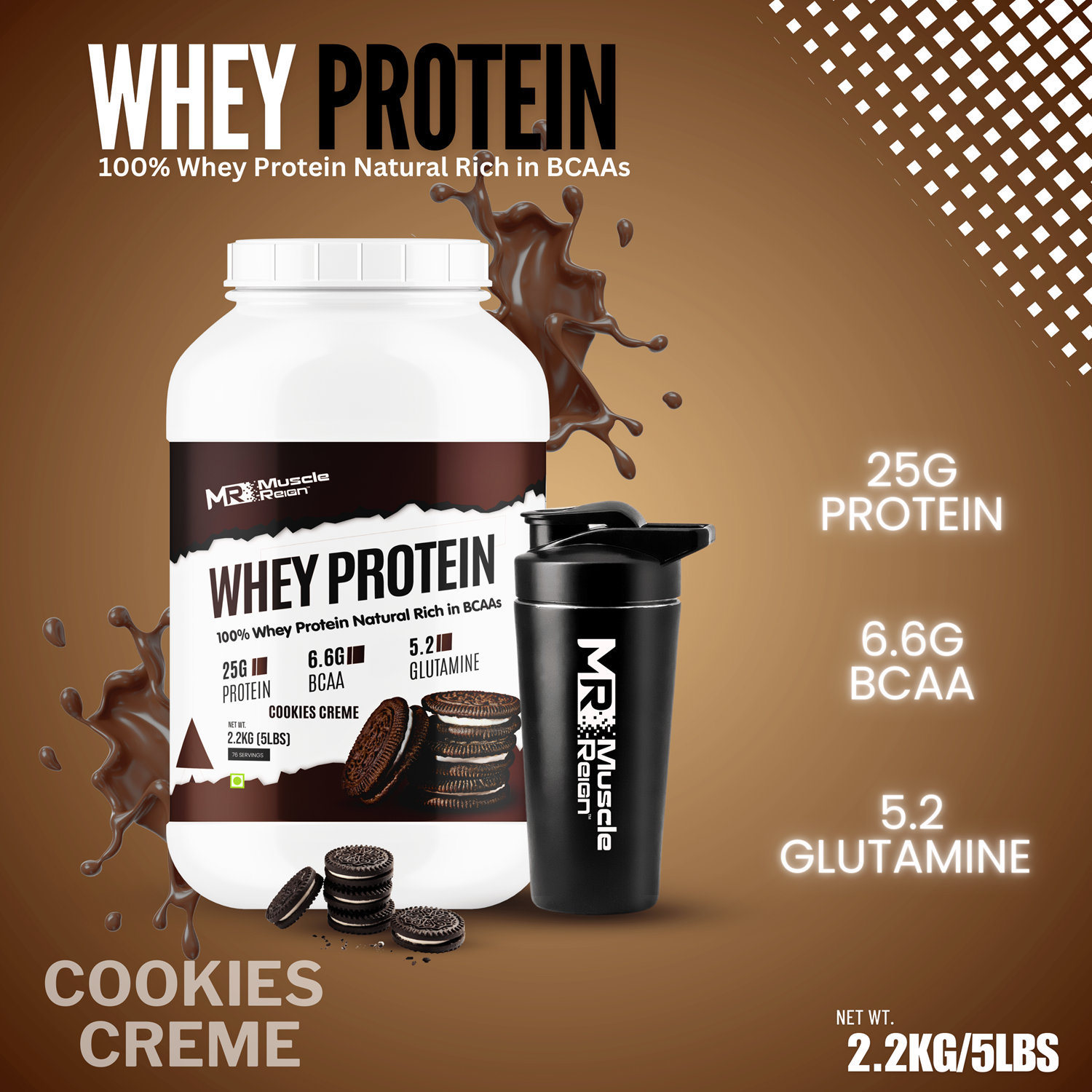 Muscle Reign Whey Protein 2.2kg for muscle gain in Cookies Crème flavor with protein and BCAAs