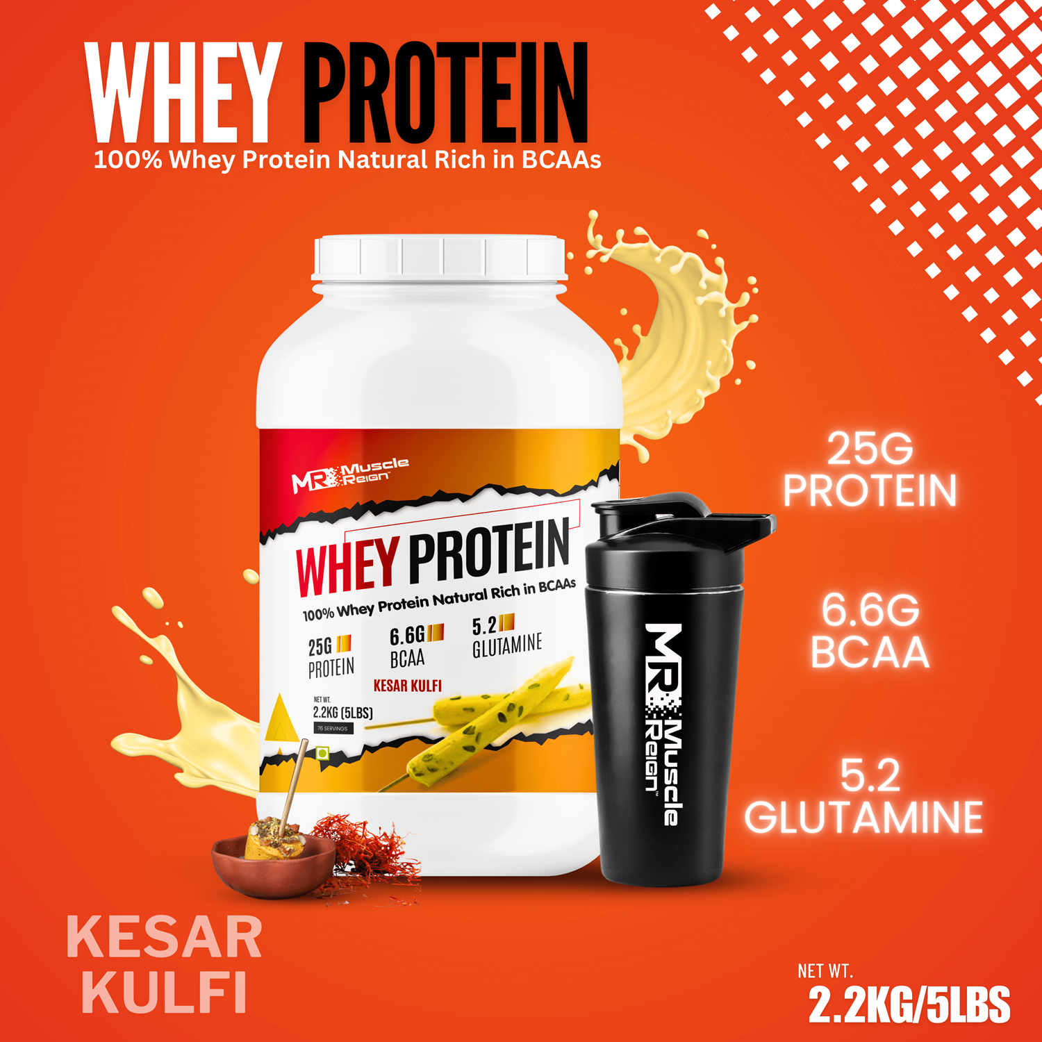 Muscle Reign Whey Protein 2.2kg for muscle gain with 25g protein, 6.6g BCAA, and 5.2g glutamine