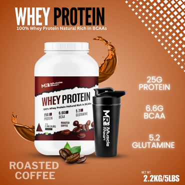 Muscle Reign Whey Protein 2.2kg for muscle gain in roasted coffee flavor with 25g protein per serving