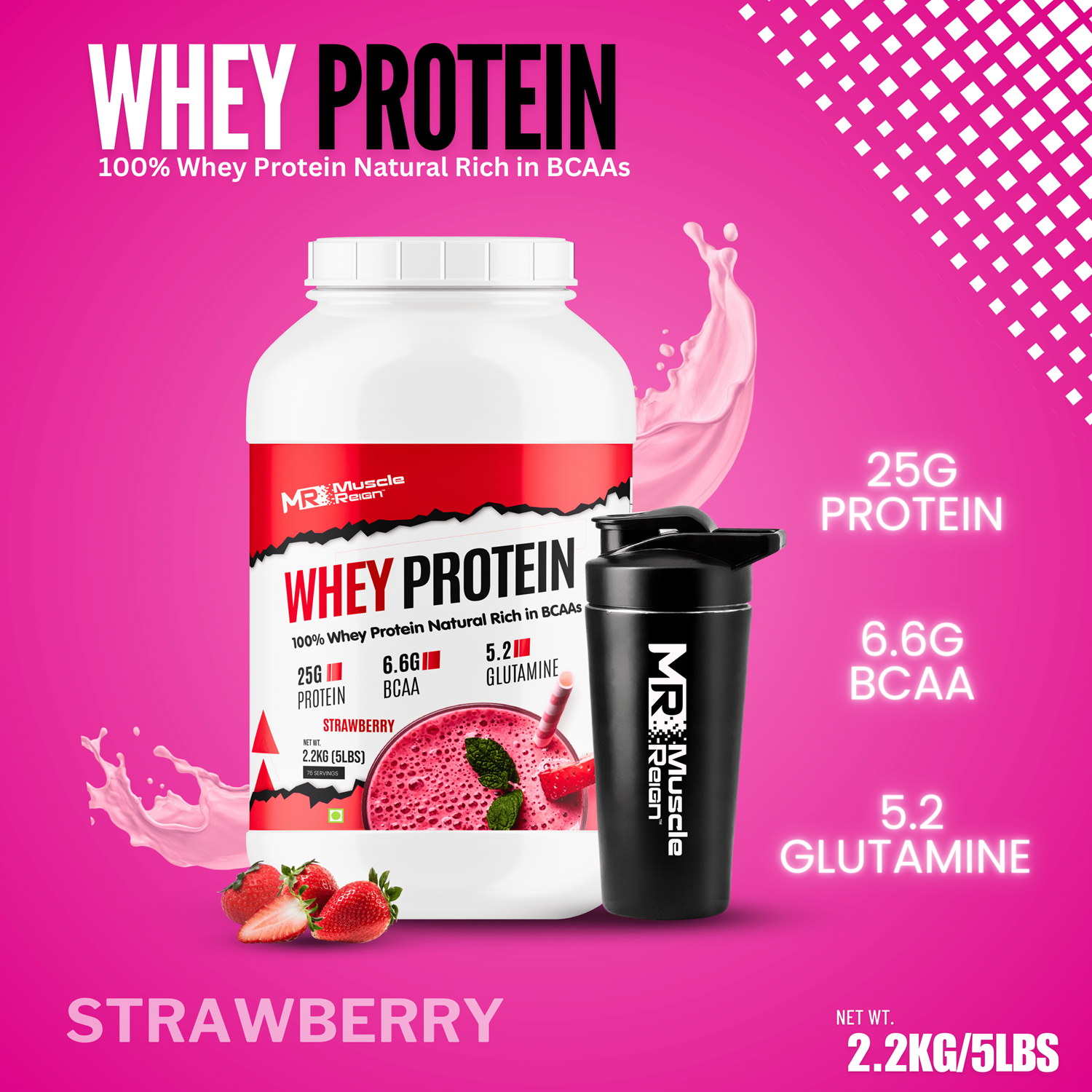 Muscle Reign Whey Protein 2.2kg for muscle gain in Strawberry flavor with essential nutrients listed