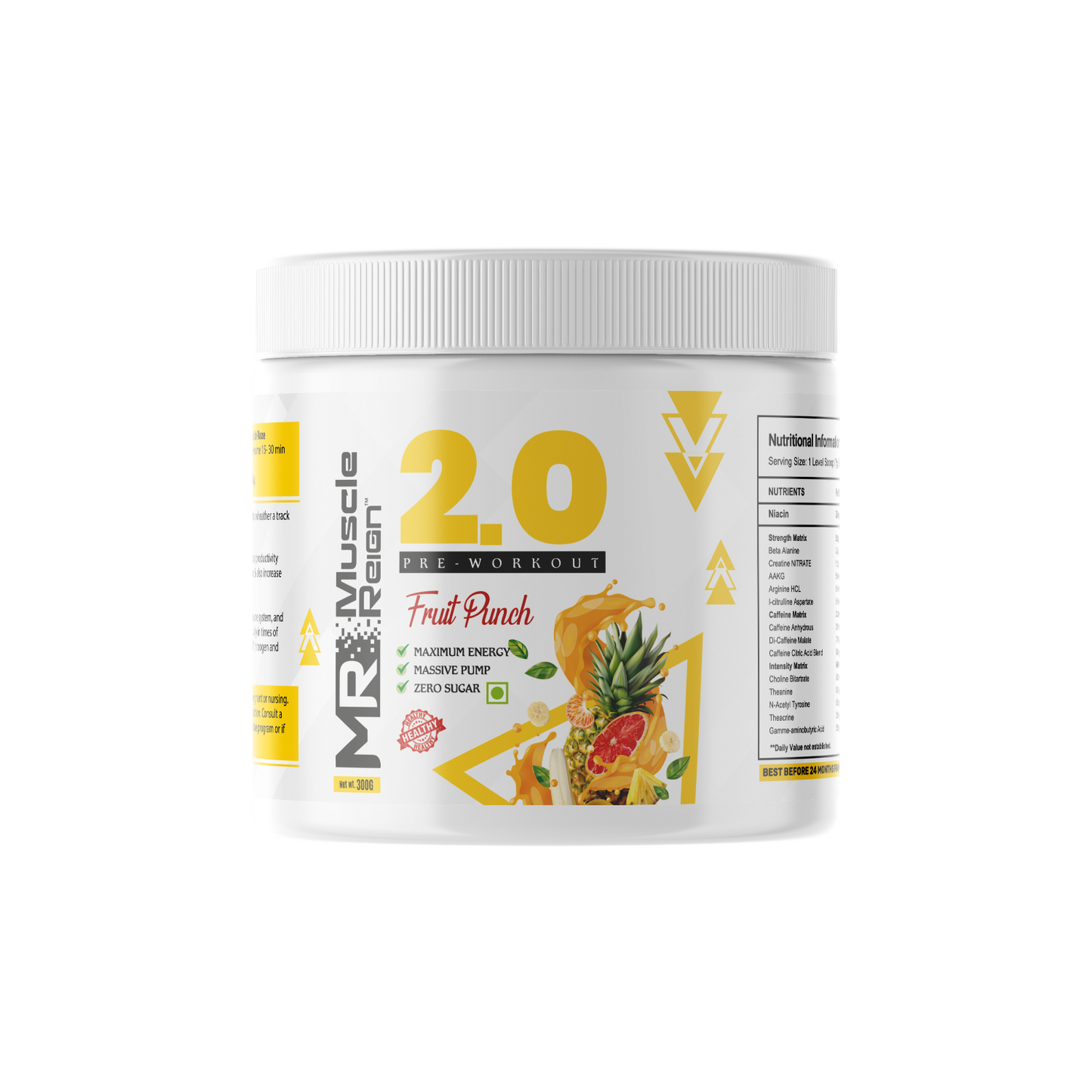 Muscle Reign 2.0 Fruit Punch best pre workout supplement for muscle gain in a sleek white container
