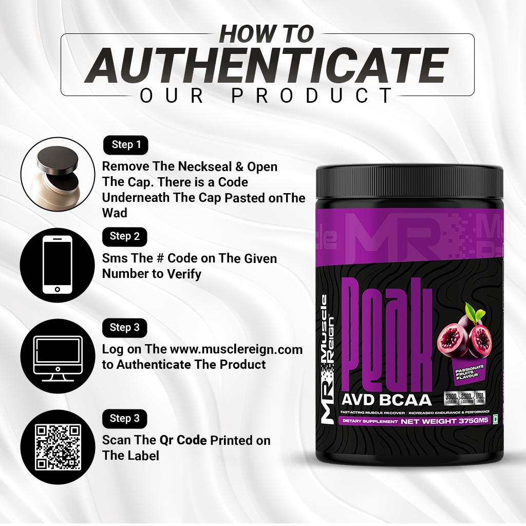 Muscle Reign AVD BCAA supplement container with authentication steps displayed for verification
