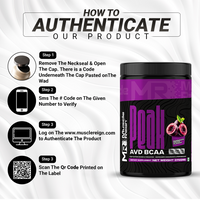 Muscle Reign AVD BCAA supplement container with authentication steps displayed for verification