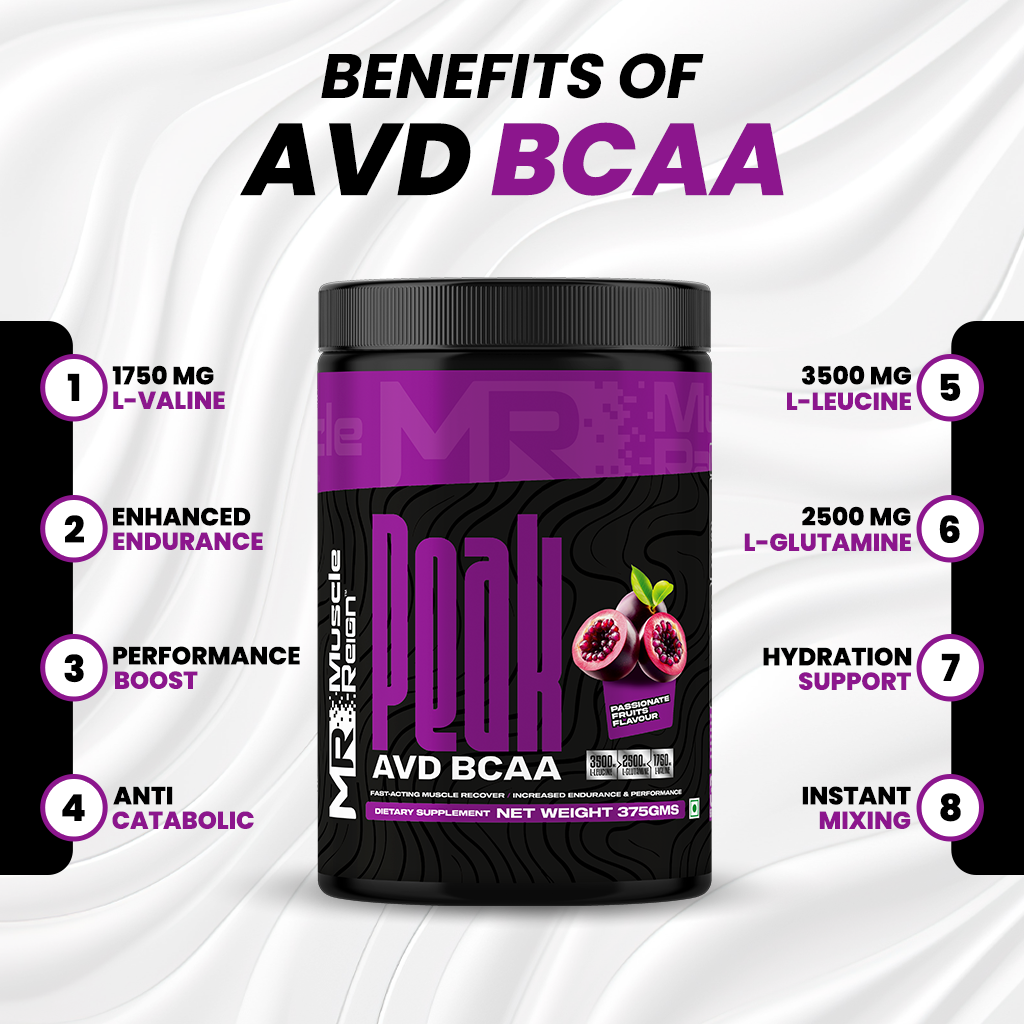 Muscle Reign AVD BCAA supplement in black container with benefits listed for endurance and hydration support