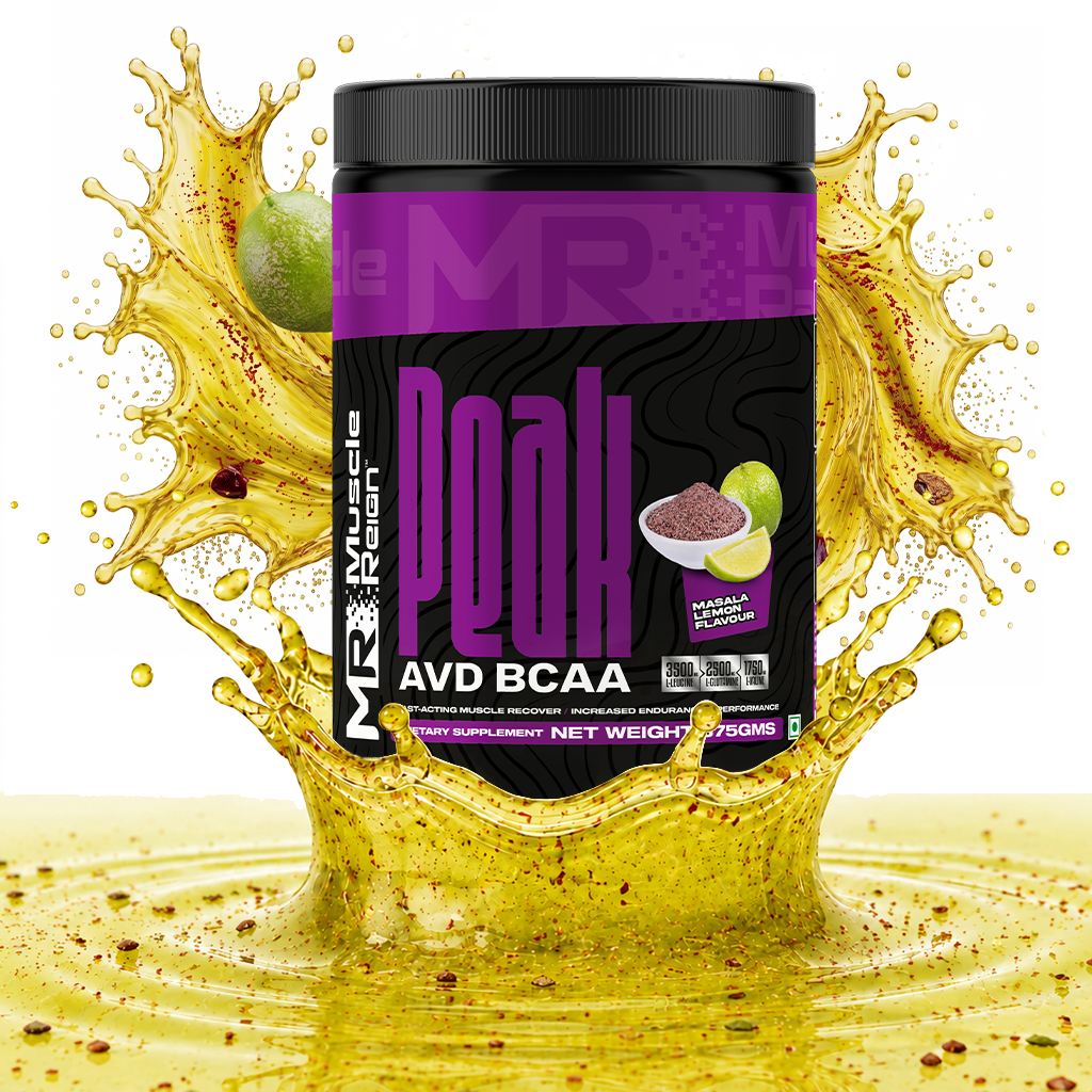Muscle Reign AVD BCAA supplement in a black container with a lime splash background