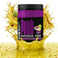 Muscle Reign AVD BCAA supplement in a black container with a lime splash background