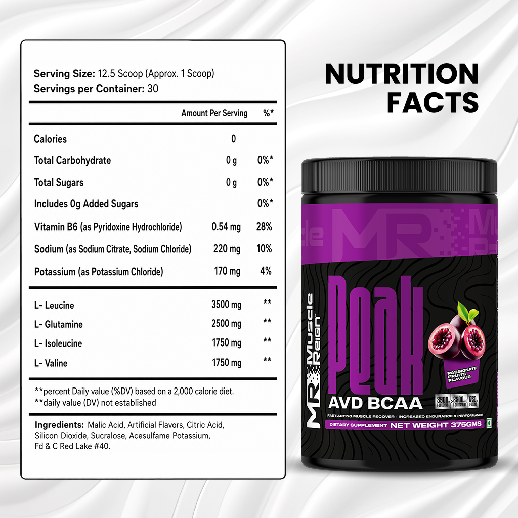Muscle Reign AVD BCAA supplement container with nutrition facts and serving size details