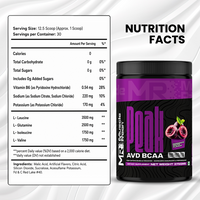 Muscle Reign AVD BCAA supplement container with nutrition facts and serving size details
