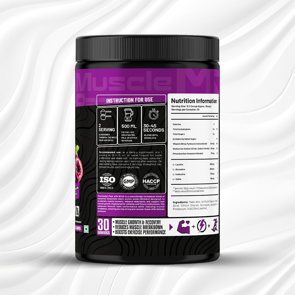 Muscle Reign AVD BCAA Supplement with Nutrition Information and Usage Instructions on Container