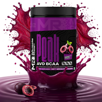Muscle Reign AVD BCAA supplement in a vibrant container splashed with fruit essence for performance support