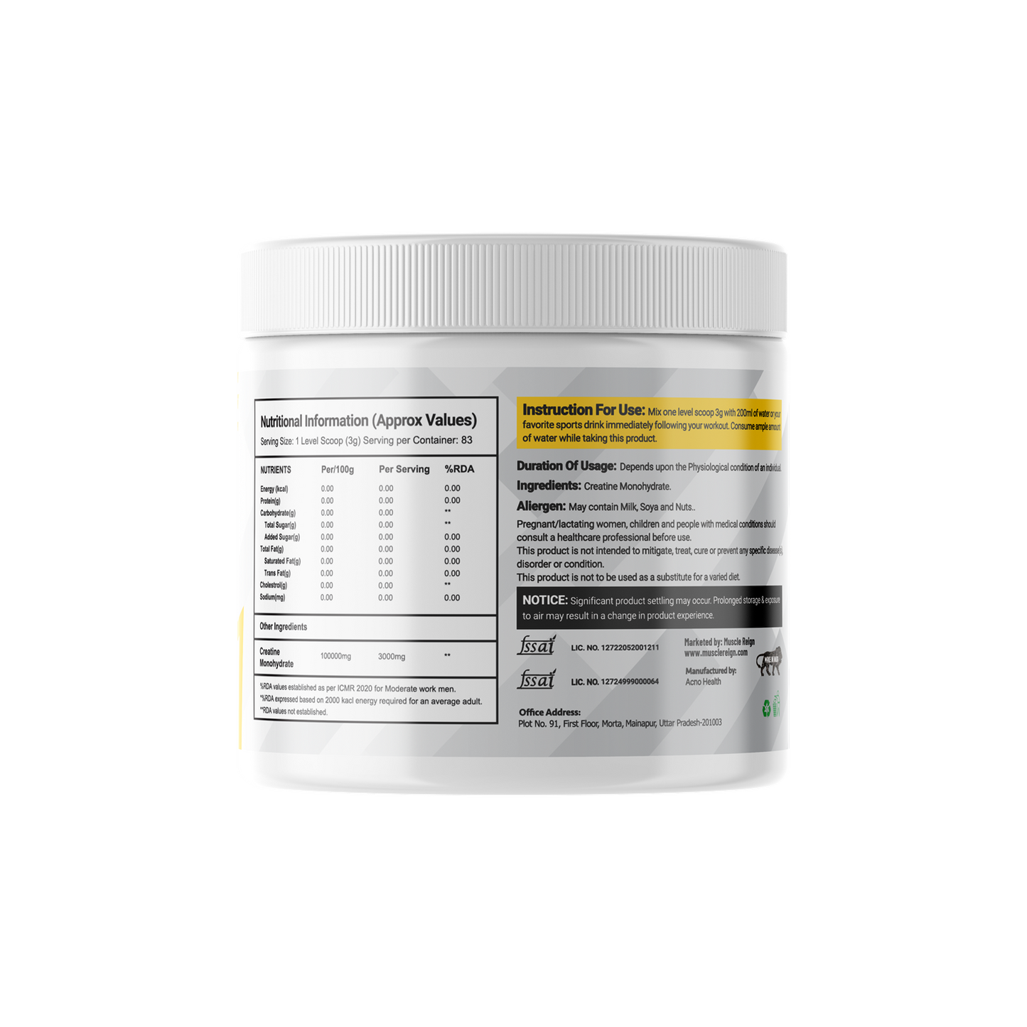 Muscle Reign creatine monohydrate supplement container with nutrition facts and usage instructions