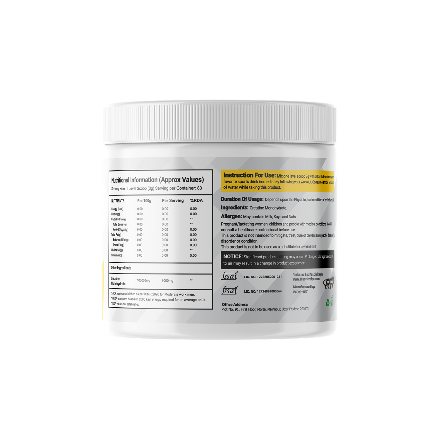 Muscle Reign creatine monohydrate supplement container with nutrition facts and usage instructions