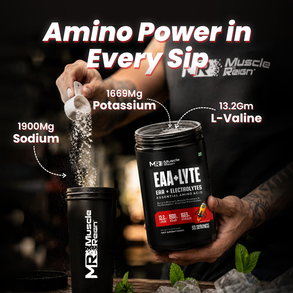 Muscle Reign Essential Amino Acids supplement with electrolytes in a black container for enhanced hydration