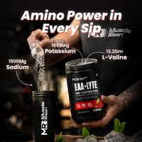 Muscle Reign Essential Amino Acids supplement with electrolytes in a black container for enhanced hydration