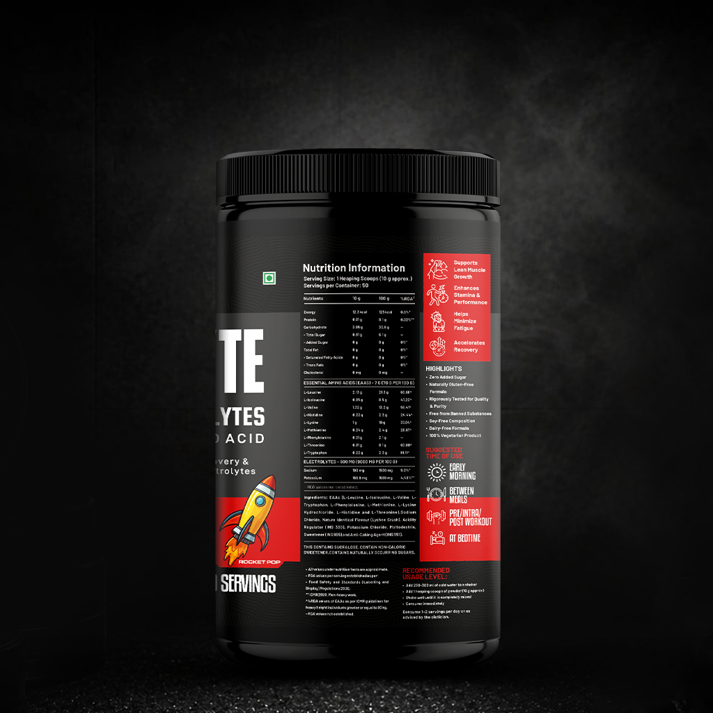 Muscle Reign Essential Amino Acids supplement container with detailed nutrition facts and serving information