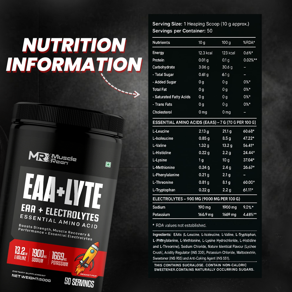 Muscle Reign Essential Amino Acids EAA + Lyte supplement container with nutrition information and serving details