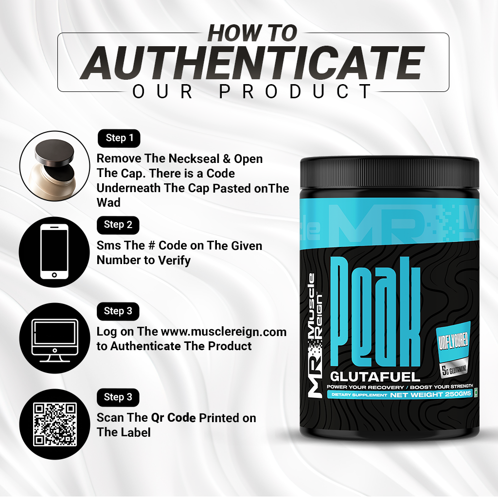 Muscle Reign Peak Glutamine supplement container with authentication steps for quality assurance