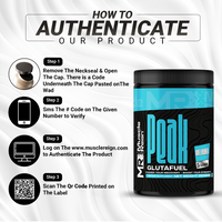 Muscle Reign Peak Glutamine supplement container with authentication steps for quality assurance