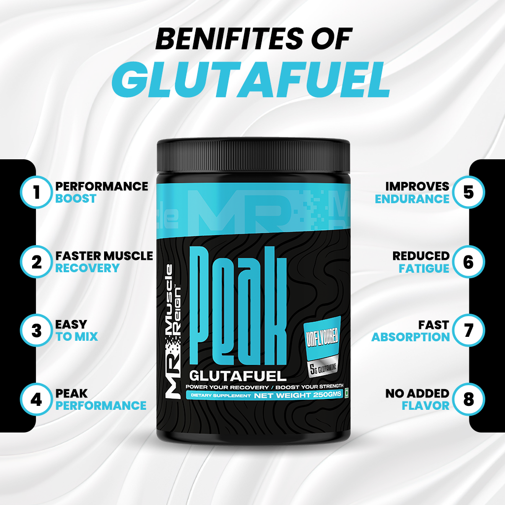 Muscle Reign Peak Glutamine Supplement for improved recovery and performance boost in a 250g container