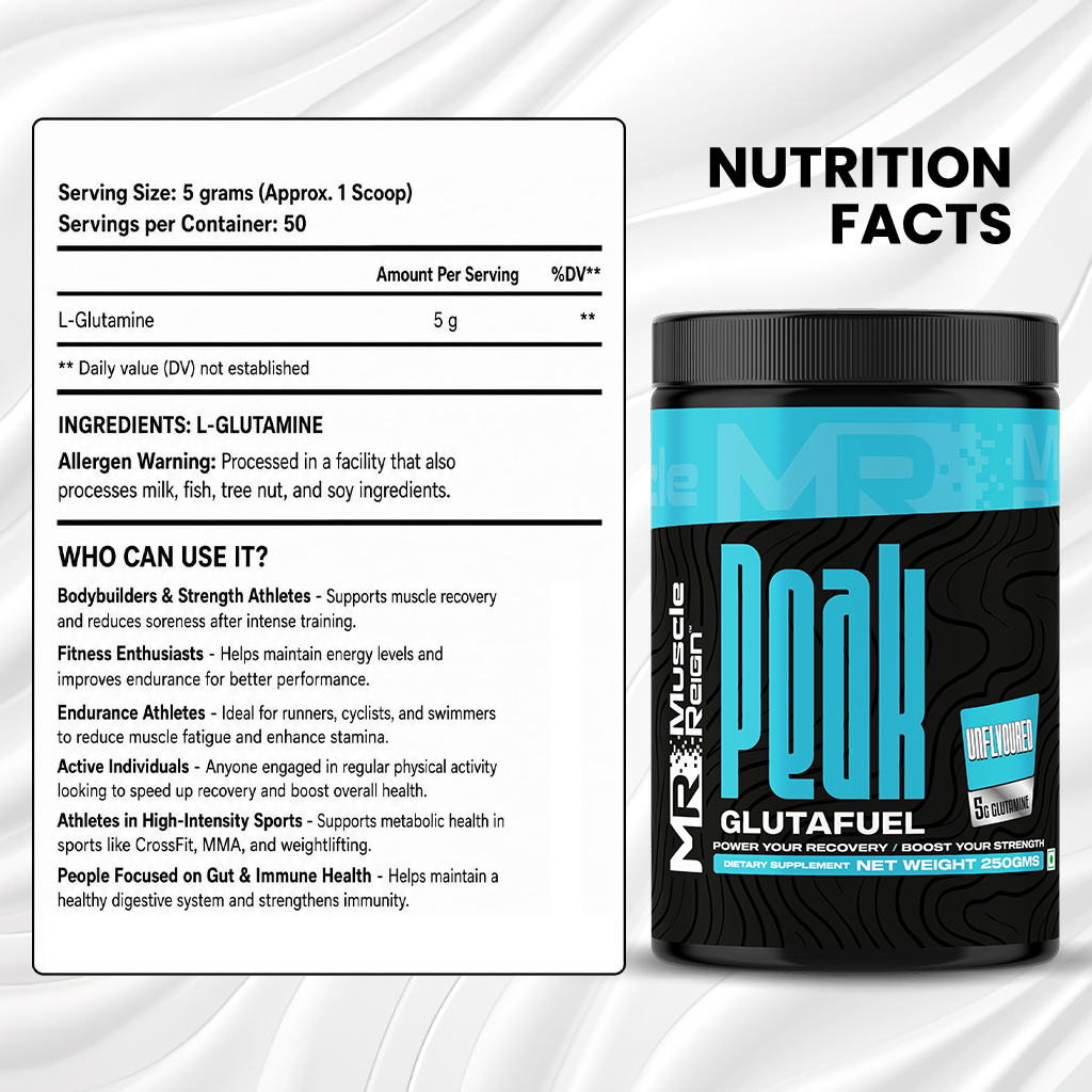Muscle Reign Glutamine Supplement with 50 servings for enhancing recovery and performance