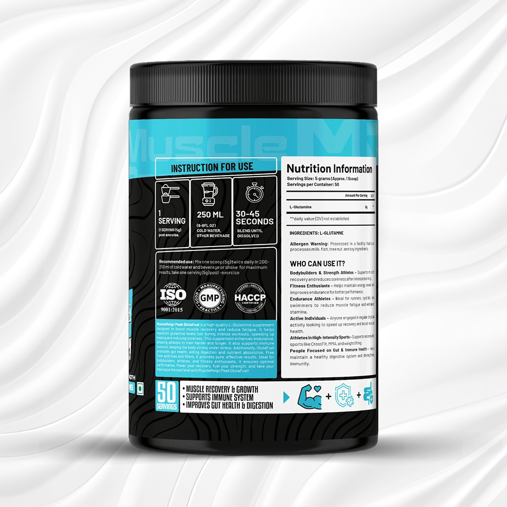 Muscle Reign Glutamine Powder Container with Nutritional Information for Muscle Recovery
