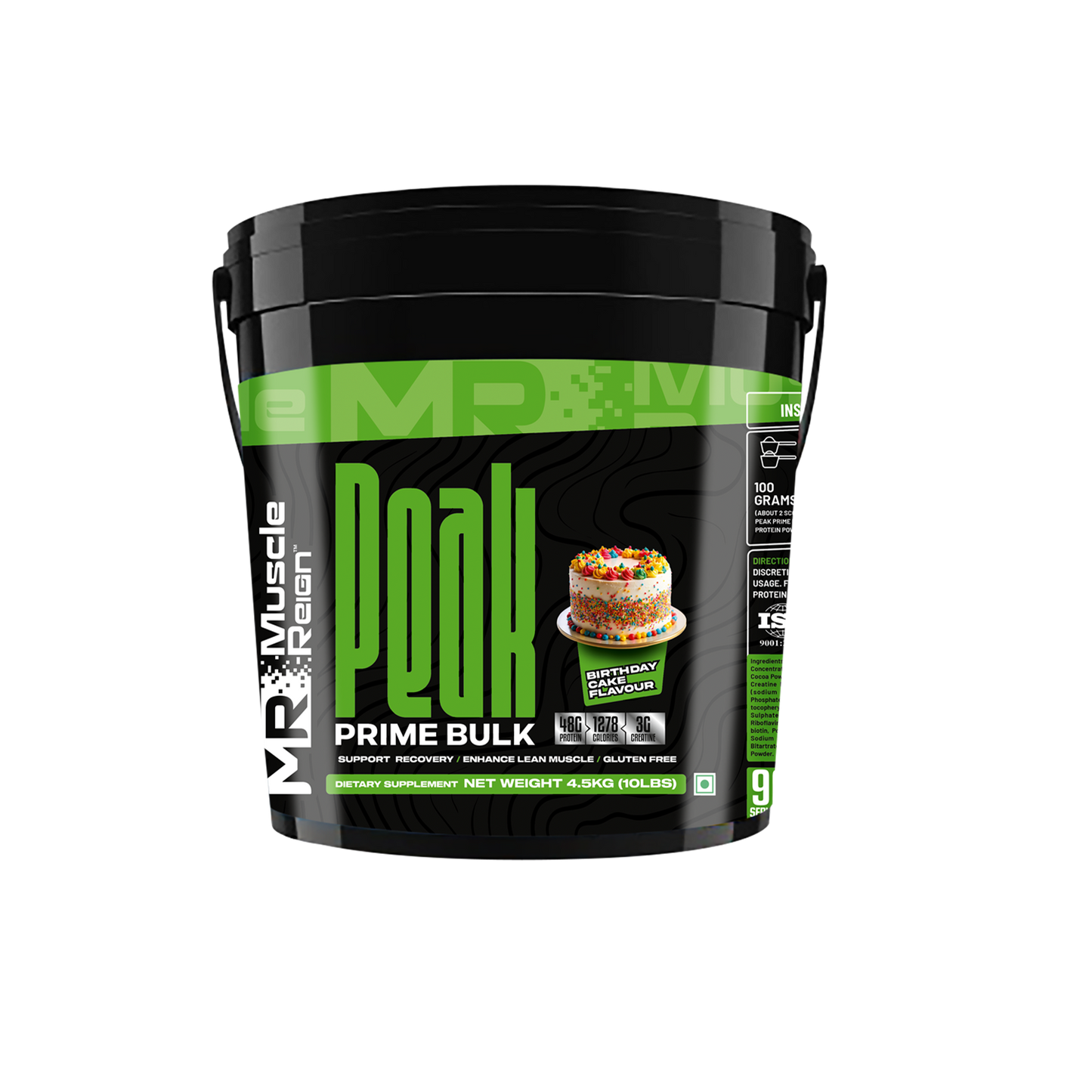 Muscle Reign high protein weight gainer supplement in black bucket for muscle recovery and growth