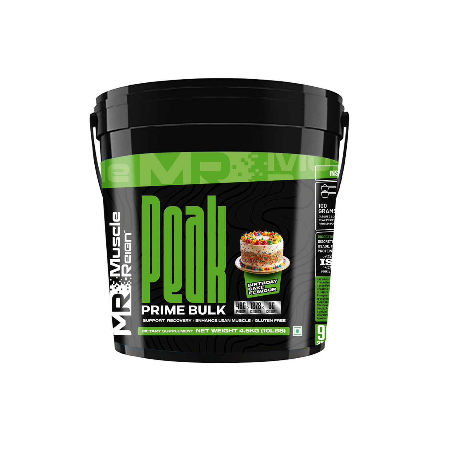 Muscle Reign high protein weight gainer supplement in black bucket for muscle recovery and growth
