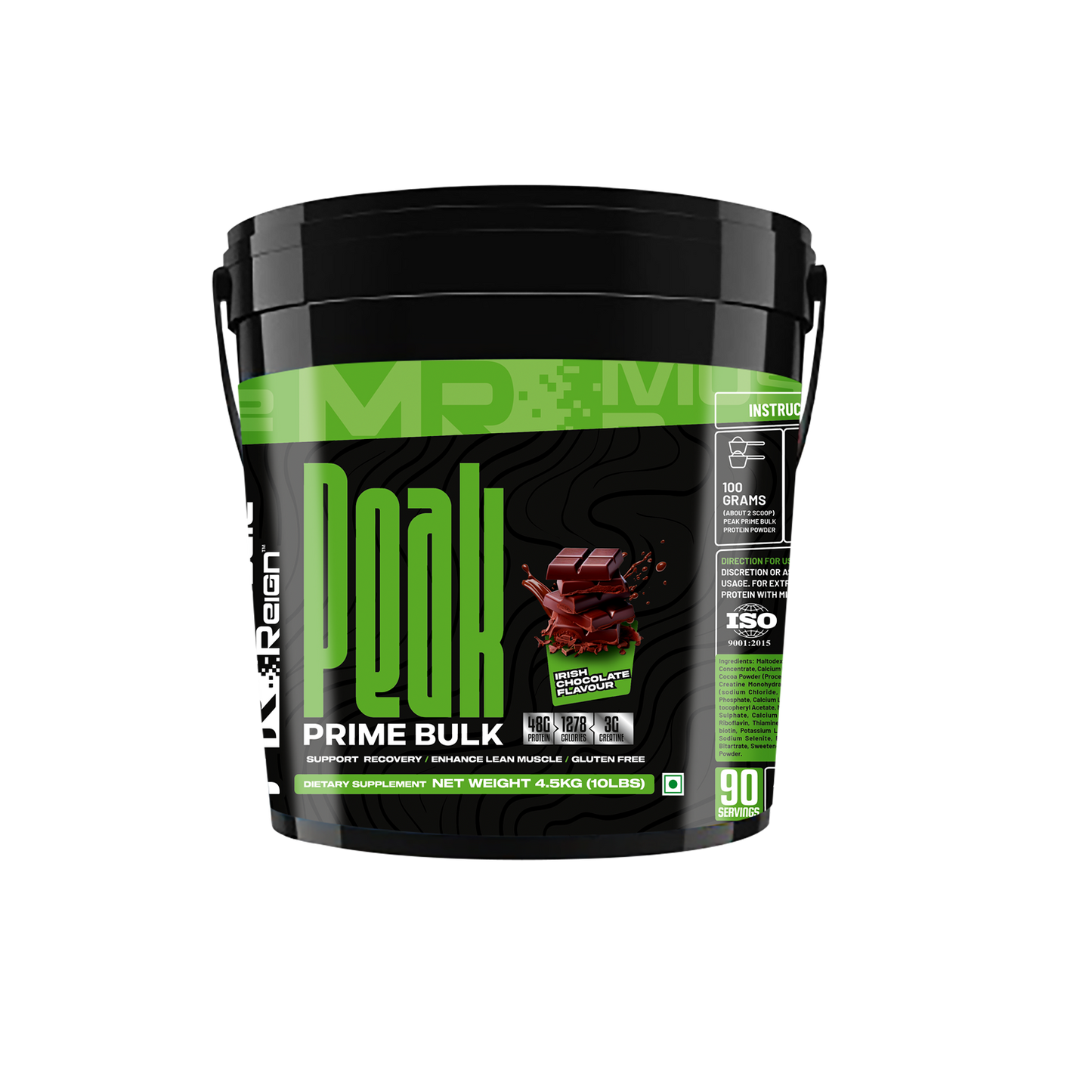 Muscle Reign high protein weight gainer supplement in a black bucket with chocolate flavor and 90 servings