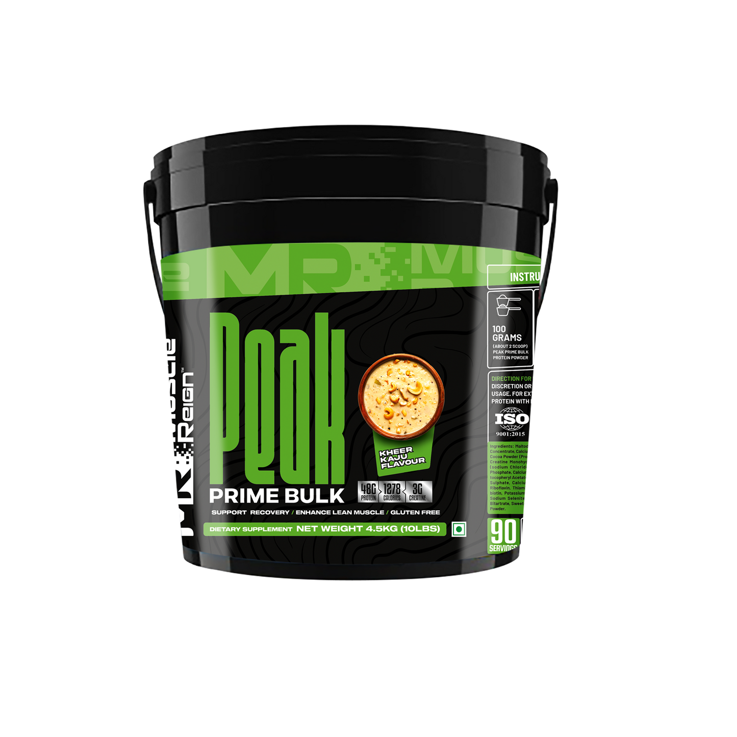 Muscle Reign high protein weight gainer supplement in a large black tub for muscle building support