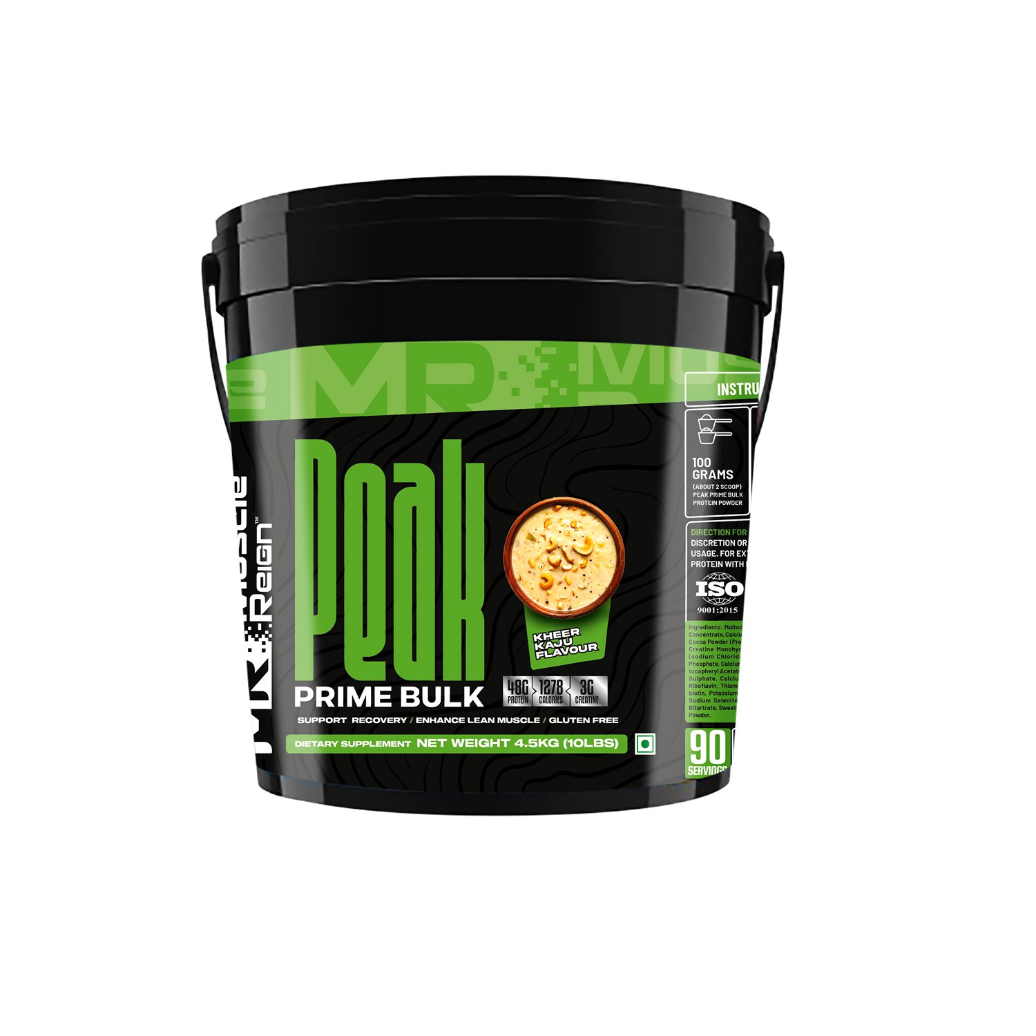 Muscle Reign high protein weight gainer supplement in a large black tub for muscle building support
