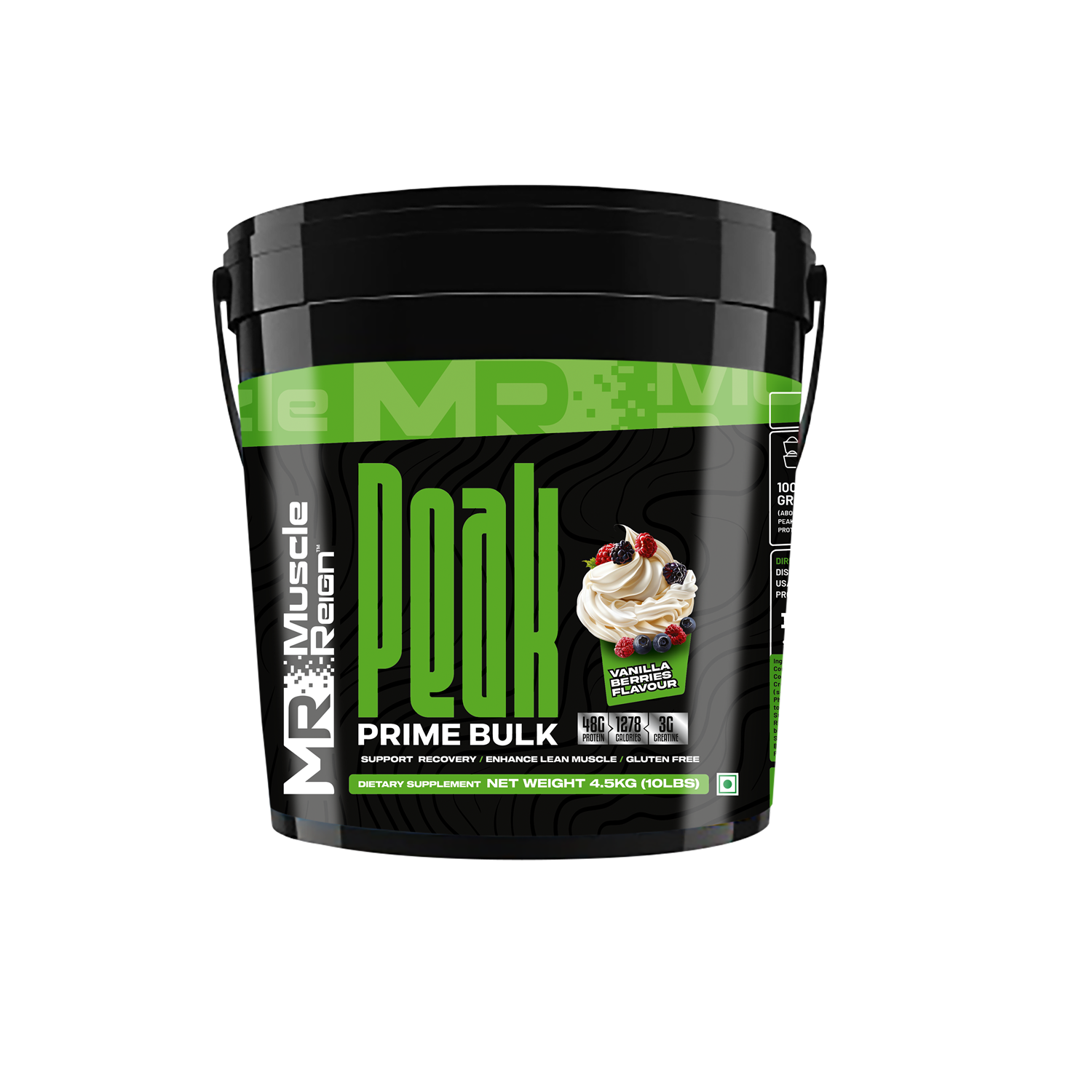Muscle Reign high protein weight gainer supplement in a black bucket with green label and cupcake design.