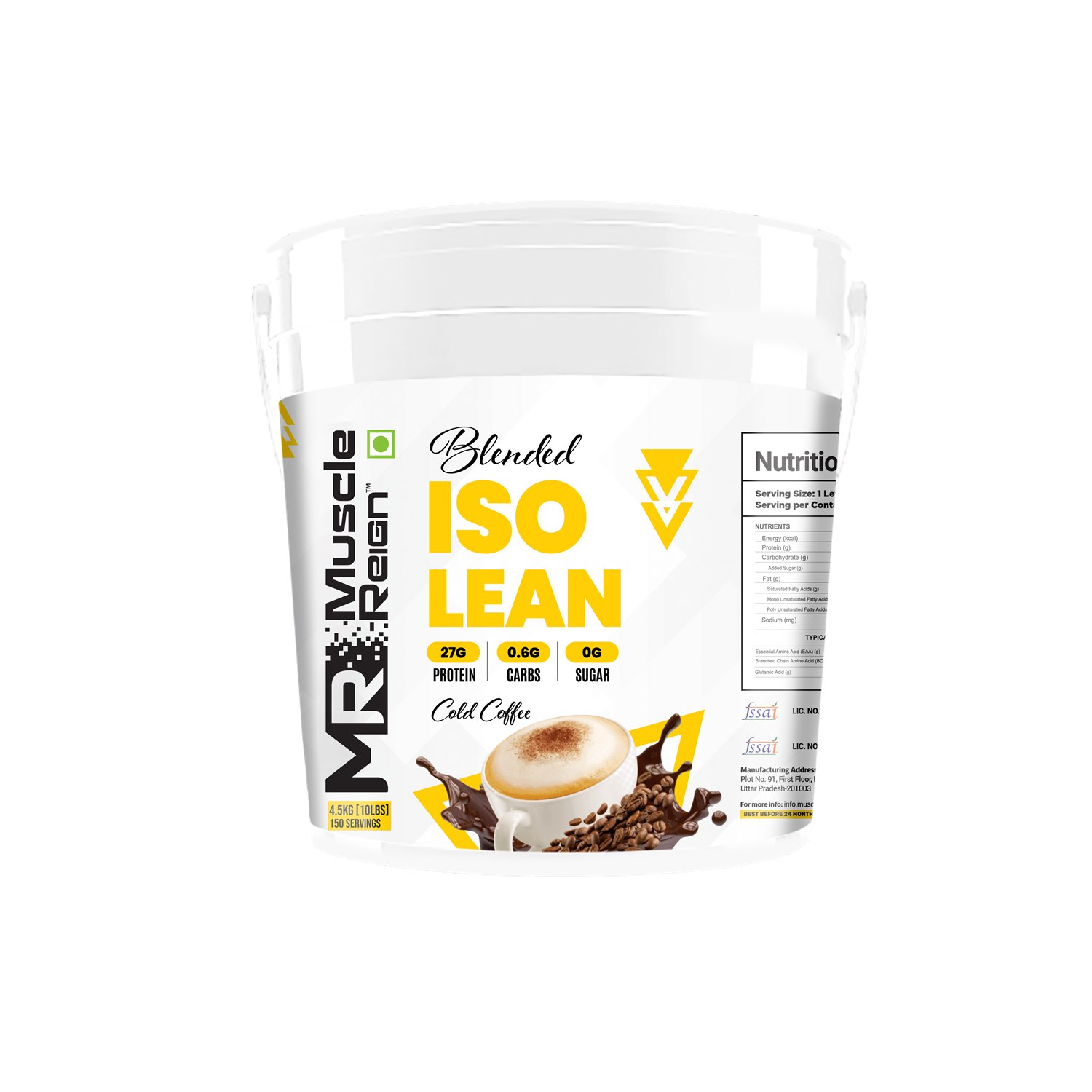 Muscle Reign Iso Lean food supplement in Cold Coffee flavor with 270g protein and low sugar