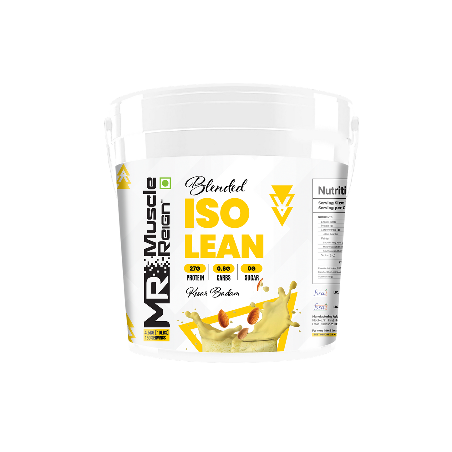 Muscle Reign Iso Lean Food Supplement in a White Bucket with nutritional information and flavor details