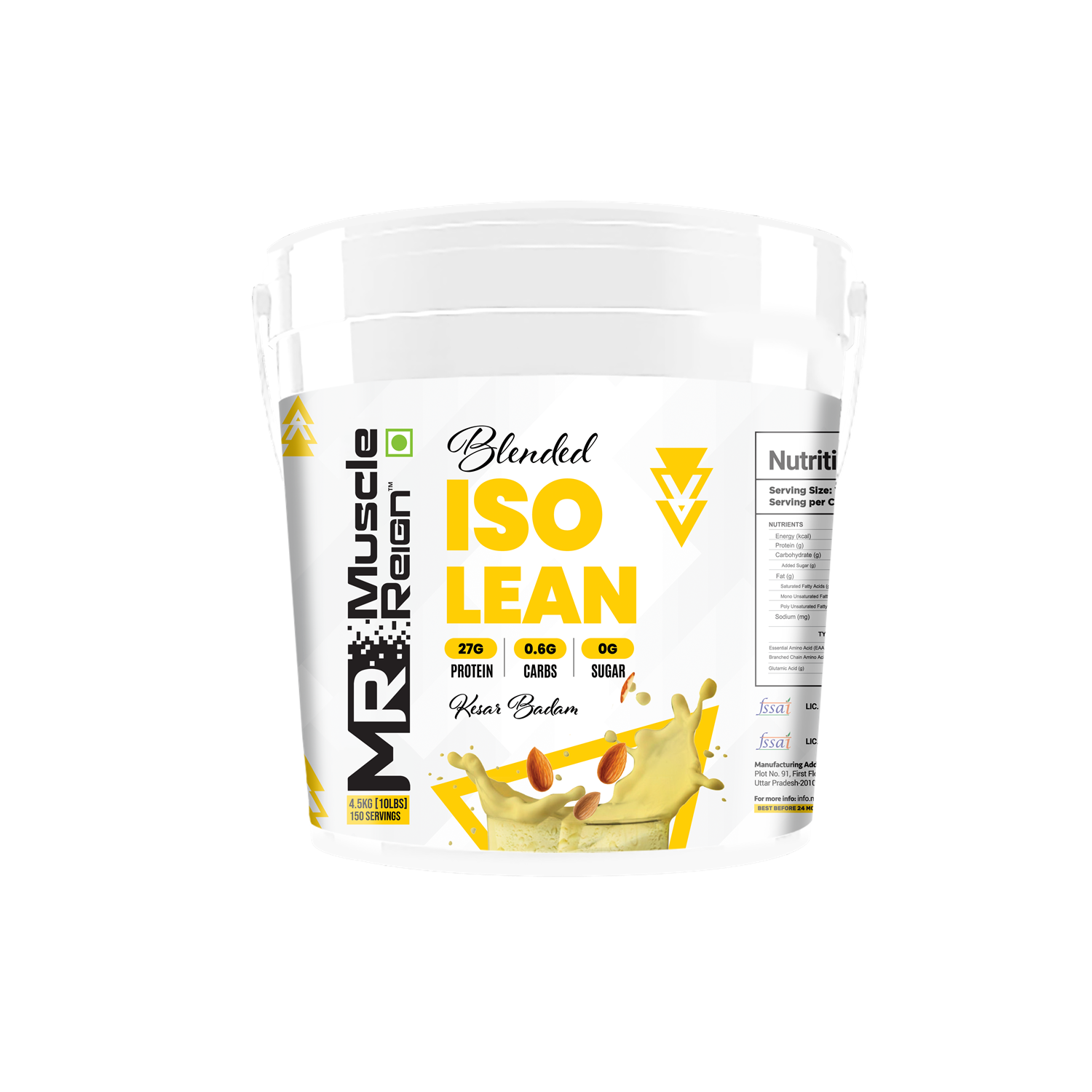 Muscle Reign Iso Lean Food Supplement in a White Bucket with nutritional information and flavor details