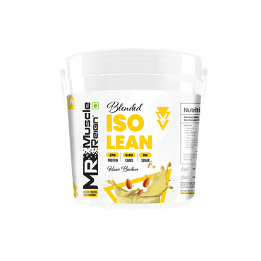 Muscle Reign Iso Lean Food Supplement in a White Bucket with nutritional information and flavor details