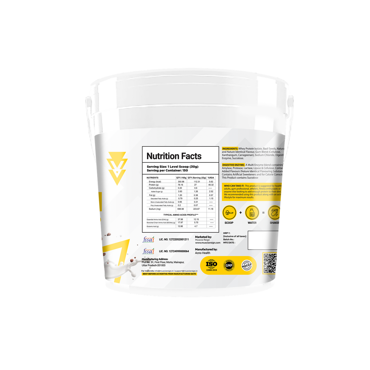Muscle Reign Iso Lean Food Supplement Container with Detailed Nutrition Facts on the Back