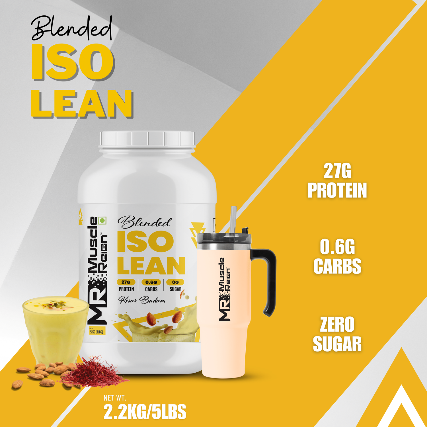 Muscle Reign ISO Lean protein powder in Vanilla flavor with 27g protein and zero sugar