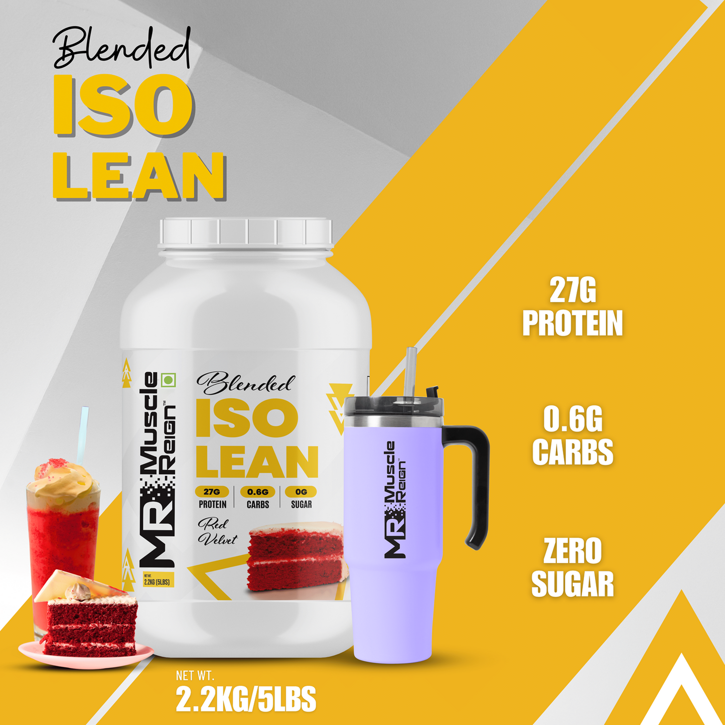 Muscle Reign ISO Lean protein supplement with 27g protein, 0.6g carbs, and zero sugar in a 2.2kg container