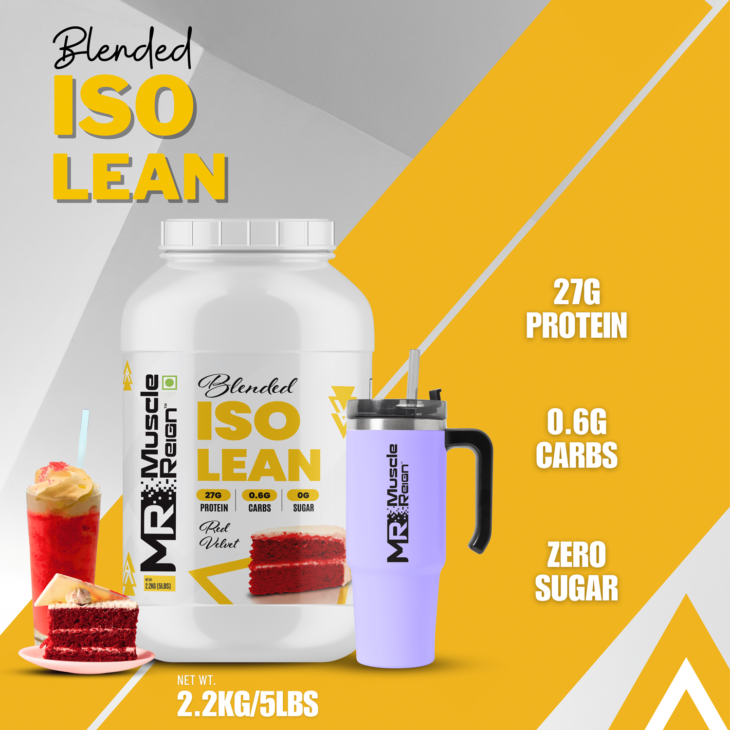 Muscle Reign ISO Lean protein supplement with 27g protein, 0.6g carbs, and zero sugar in a 2.2kg container